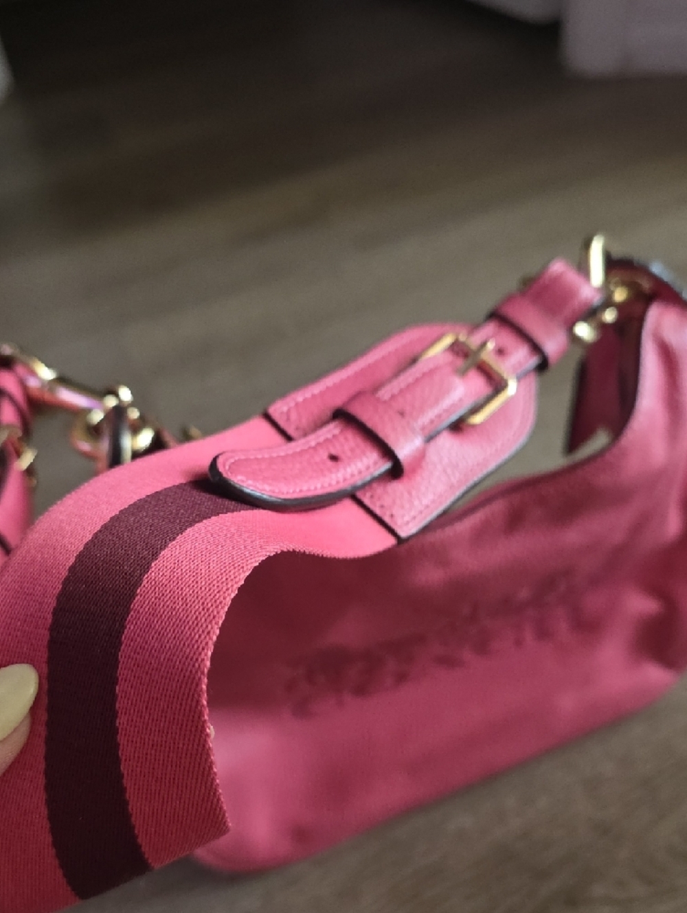 Coach Hot Pink Pebbled Leather Shoulder Bag with Striped Strap - Picture 2 of 6
